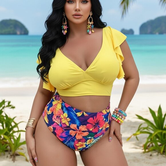 🆕Boho Chic Plus Size Yellow Ruffle Tankini Set High Rise Tropical Floral Bottom - Picture 6 of 16
